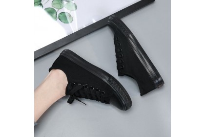 Smartchoice2u* Size 35-44 Unisex Men and Women All black Canvas Student Lace-up Pure Black Sneaker